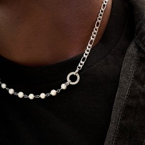 Figaro Link + Pearl Chain in White Gold